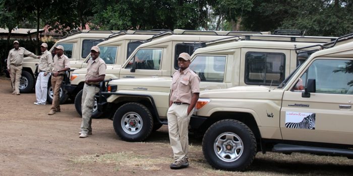 Safari guides with tour vehicles